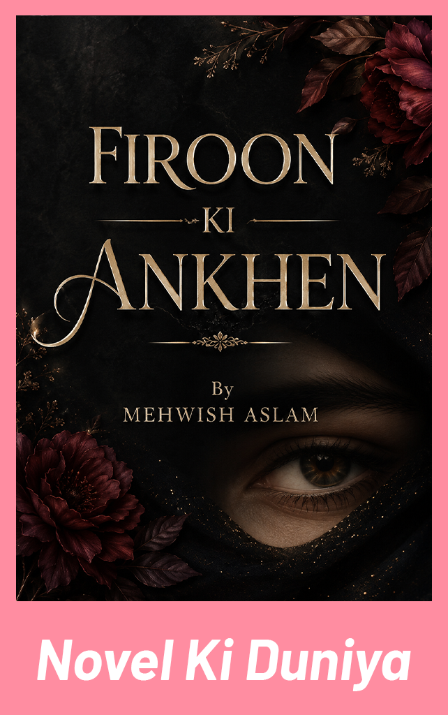 Book cover for Firoon Ki Ankhen by Mehwish Aslam featuring a dark, elegant design with a mysterious eye partially covered by a black veil, surrounded by deep burgundy flowers and gold typography on a textured black background.